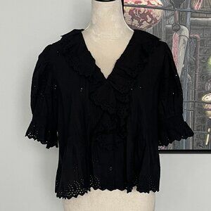 Ultra Pink Black Eyelet Lace Ruffle Top L